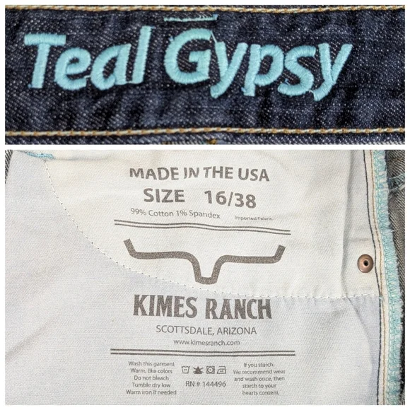 Kimes Ranch Teal Gypsy Straight Jeans Made USA Western Denim 16/38 J1842